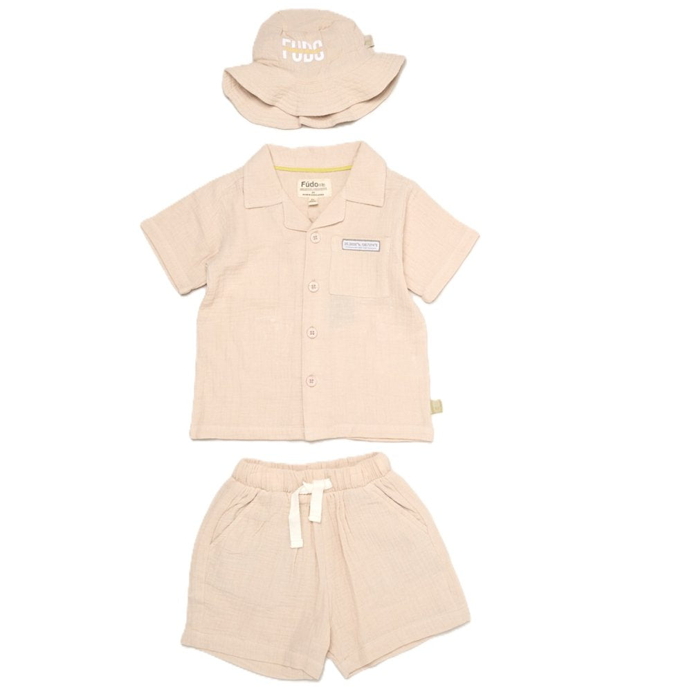 Beige Woven Fabric Shirt, Shorts & Bucket Hat Set
