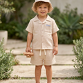 Beige Woven Fabric Shirt, Shorts & Bucket Hat Set