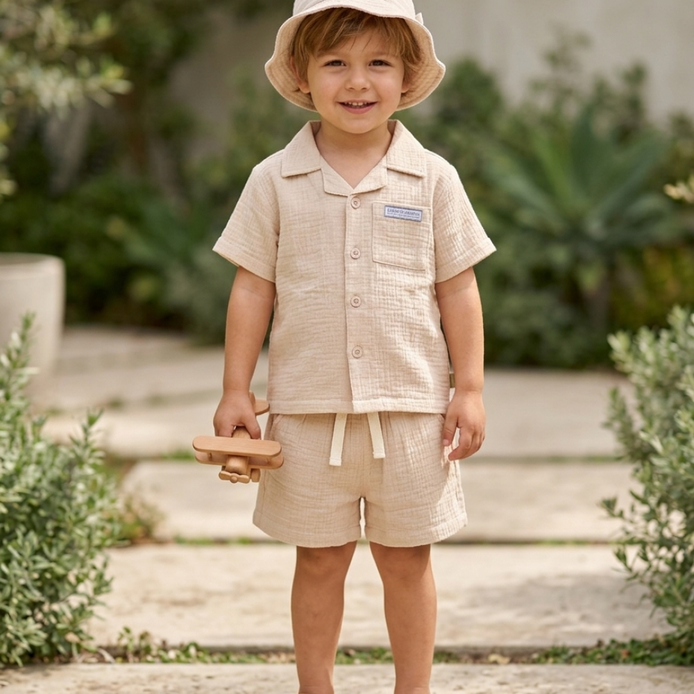 Beige Woven Fabric Shirt, Shorts & Bucket Hat Set